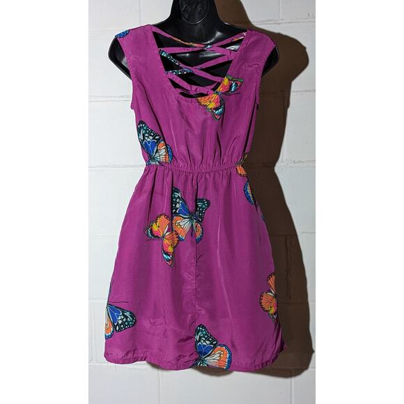 Xhilaration Purple Butterfly Print Dress Sleeveless Crisscross Back A-Line Small - Picture 3 of 5